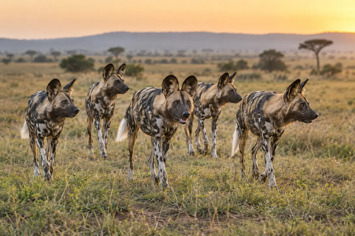 African wild dog pack moving together across open savanna