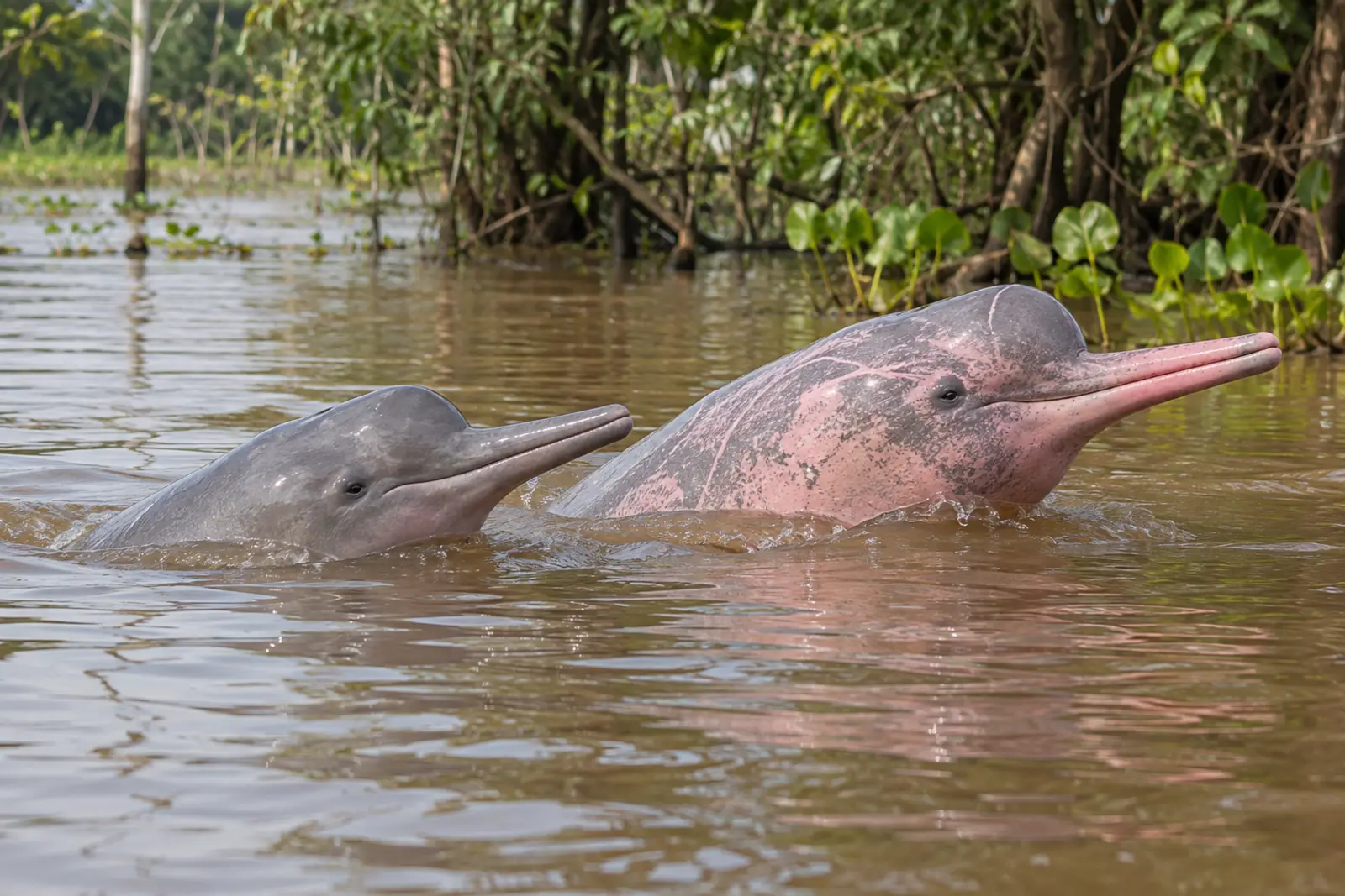 Gray younger Amazon river dolphin beside a pink-mottled adult