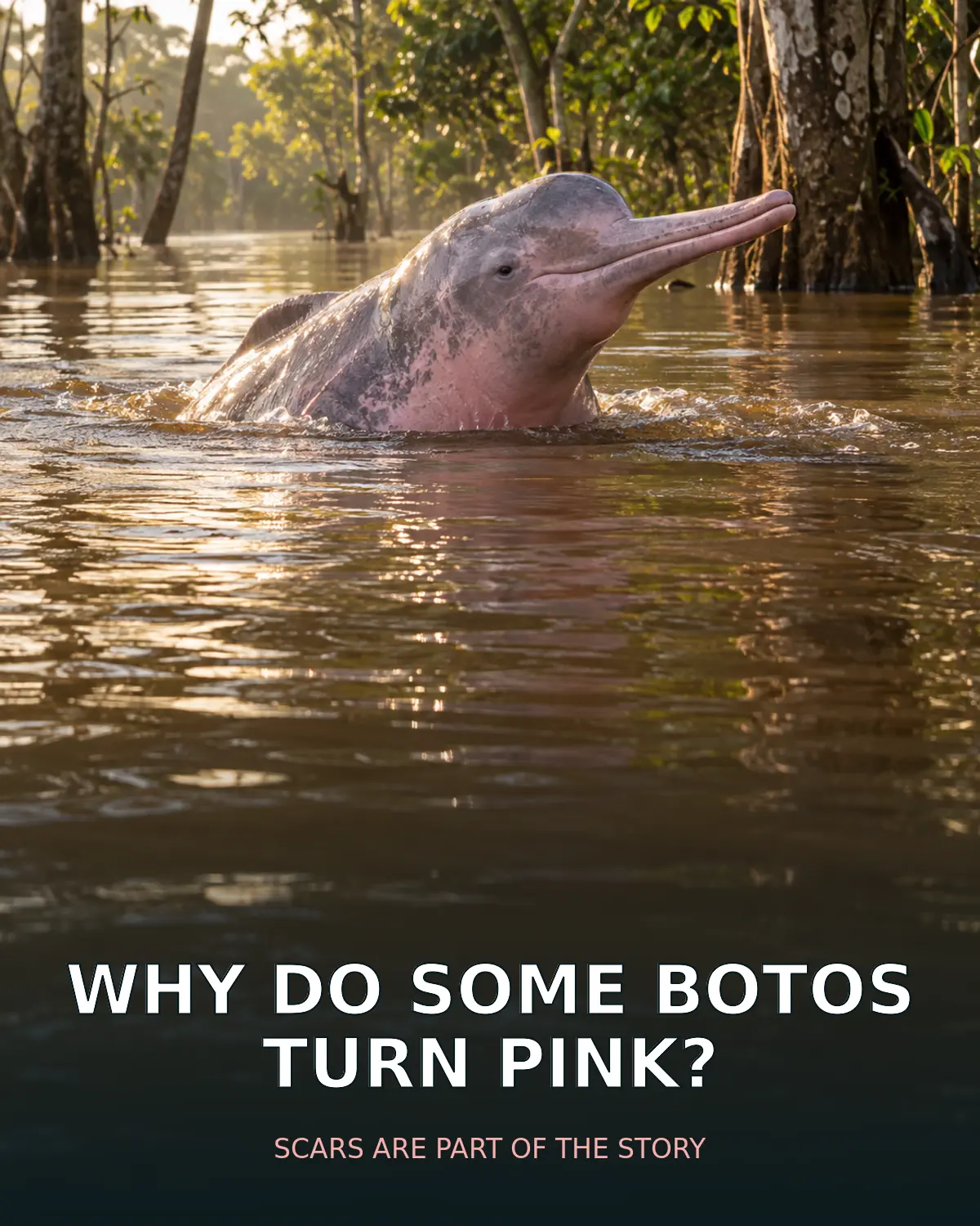 Amazon river dolphin surfacing in a flooded Amazon forest