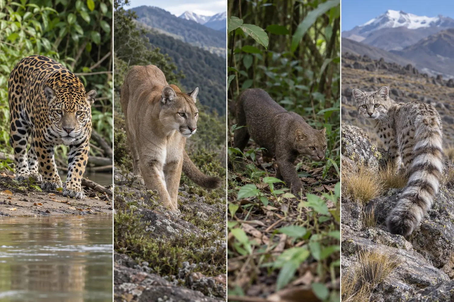 Jaguar, puma, jaguarundi and Andean cat shown in four separate habitat panels