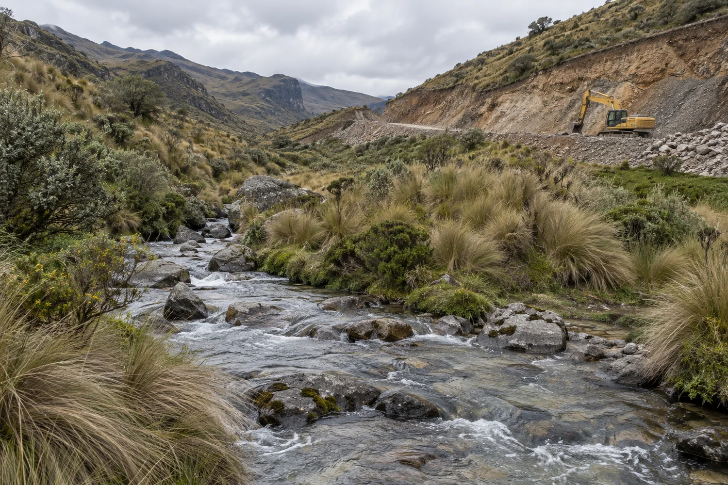 Mountain road cut and parked excavator above a stream in Ecuadorian páramo habitat.