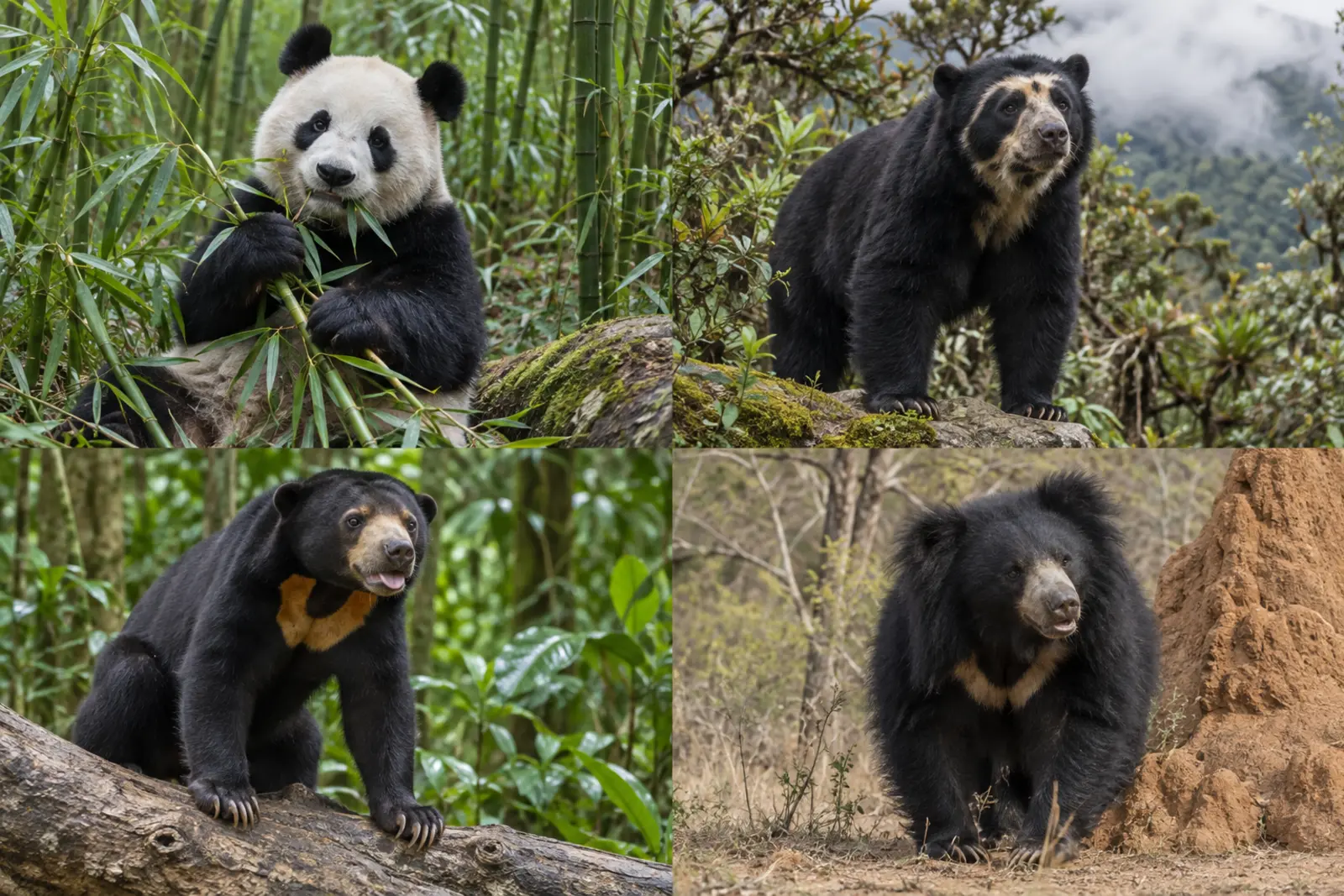 Giant panda, spectacled bear, sun bear and sloth bear in four habitat panels