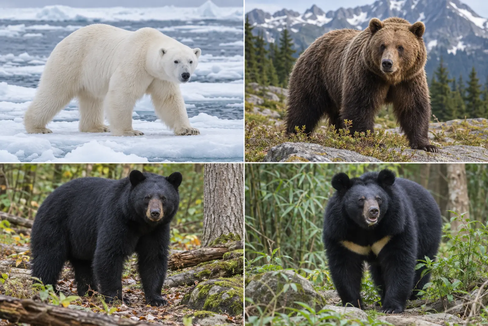 Polar, brown, American black and Asiatic black bears in four habitat panels