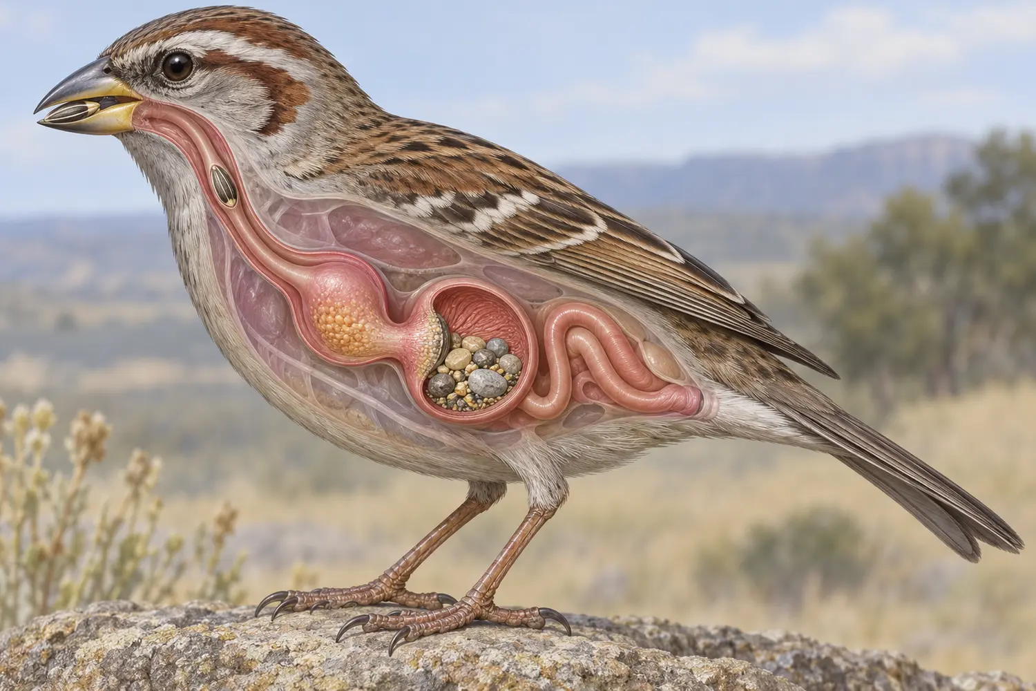 Scientific cutaway illustration of a seed-eating bird with stones retained inside the muscular gizzard.