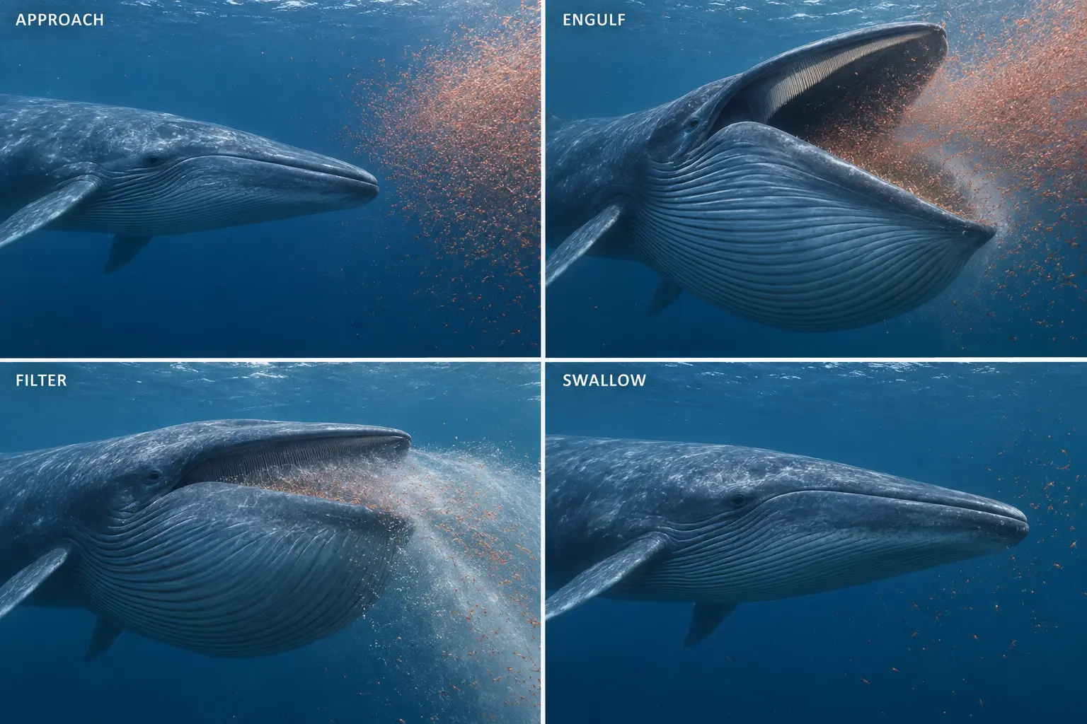 Four-stage reconstruction of a blue whale approaching, engulfing, filtering and swallowing krill