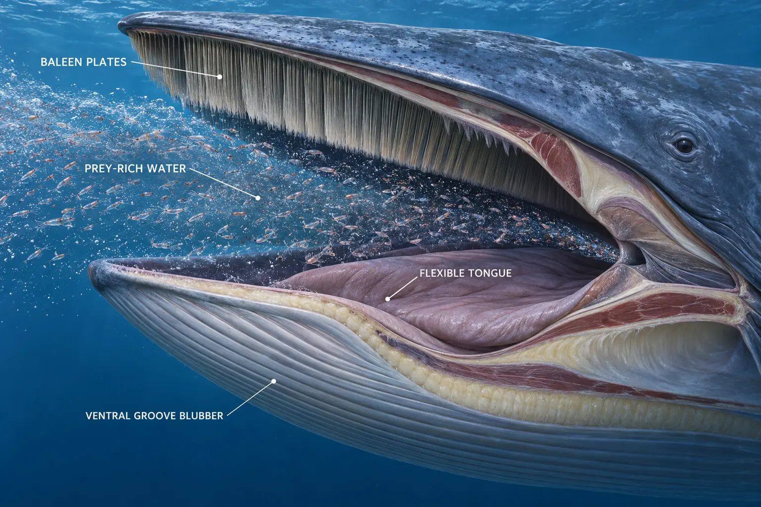 Cutaway reconstruction showing blue whale baleen, flexible tongue and ventral groove blubber