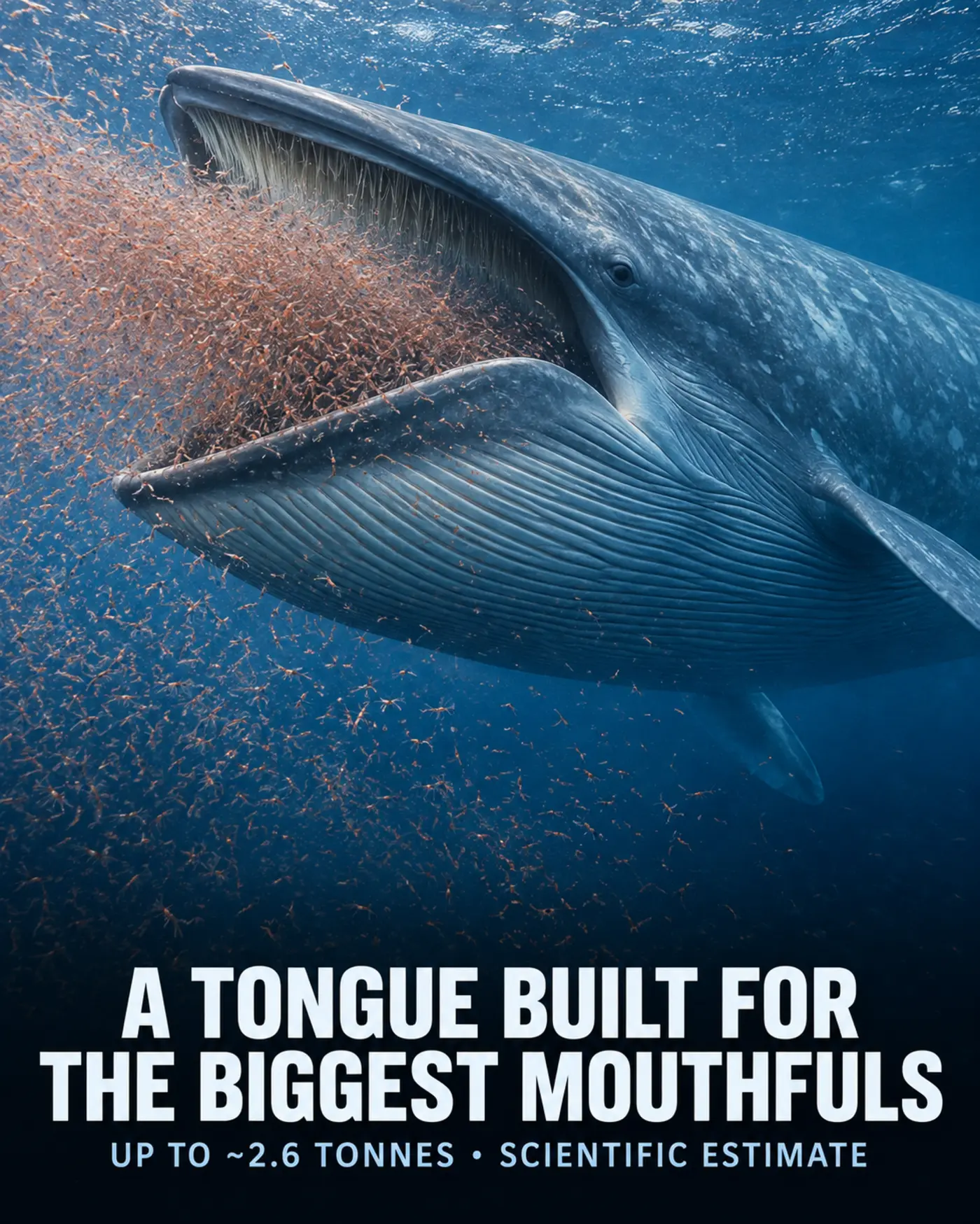 Blue whale opening its pleated mouth while lunging through a krill swarm