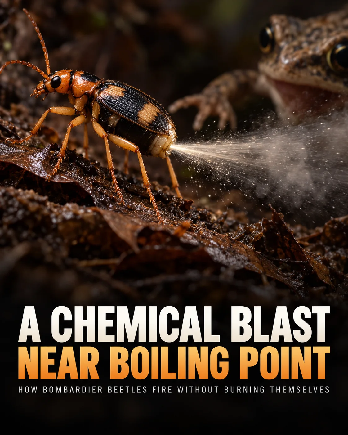 Bombardier beetle firing its defensive spray toward a nearby frog