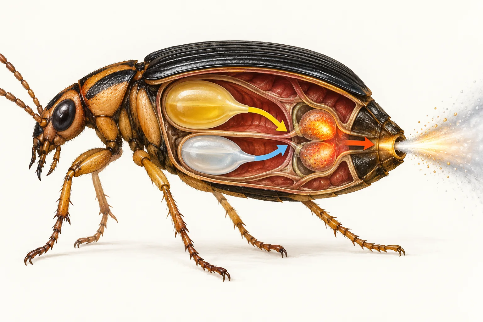 Simplified cutaway illustration of a bombardier beetle's paired reservoirs and reaction chambers