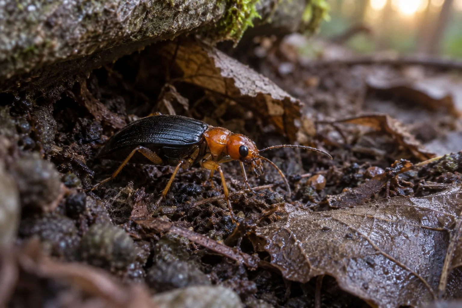 Bombardier beetle walking through damp leaf litter on the forest floor