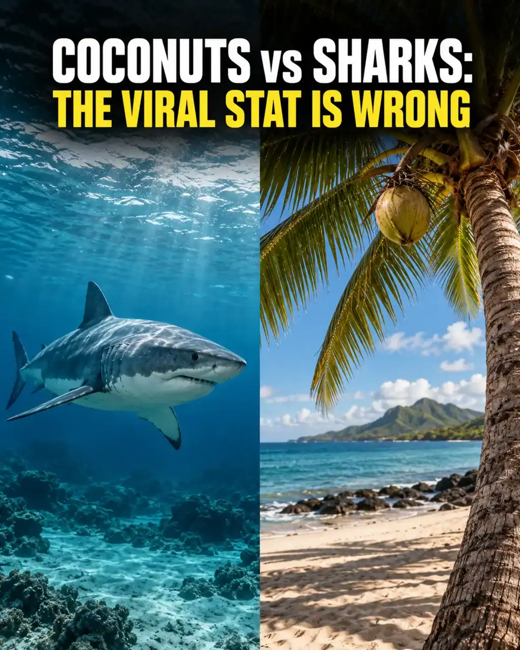 A shark underwater beside a coconut palm in a split-screen comparison