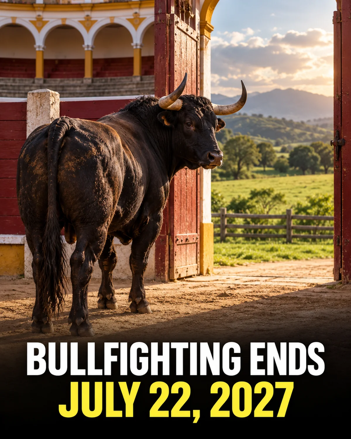 Healthy bull leaving an empty arena through an open gate with the headline Bullfighting Ends July 22, 2027.