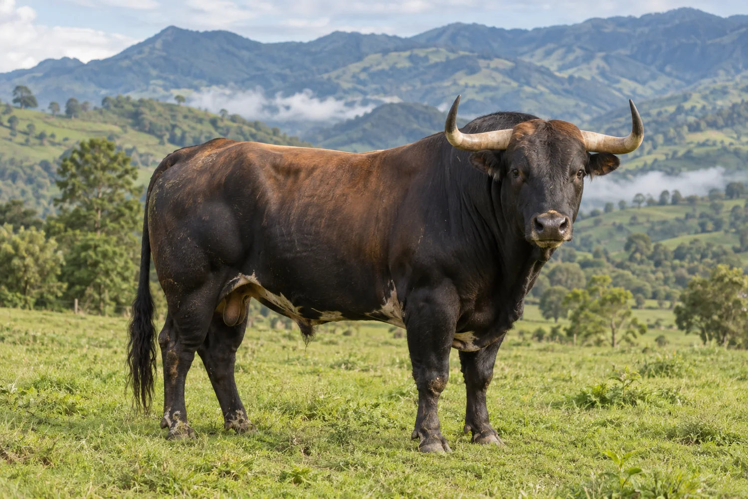 Healthy black bull standing in green pasture with Andean foothills behind it.
