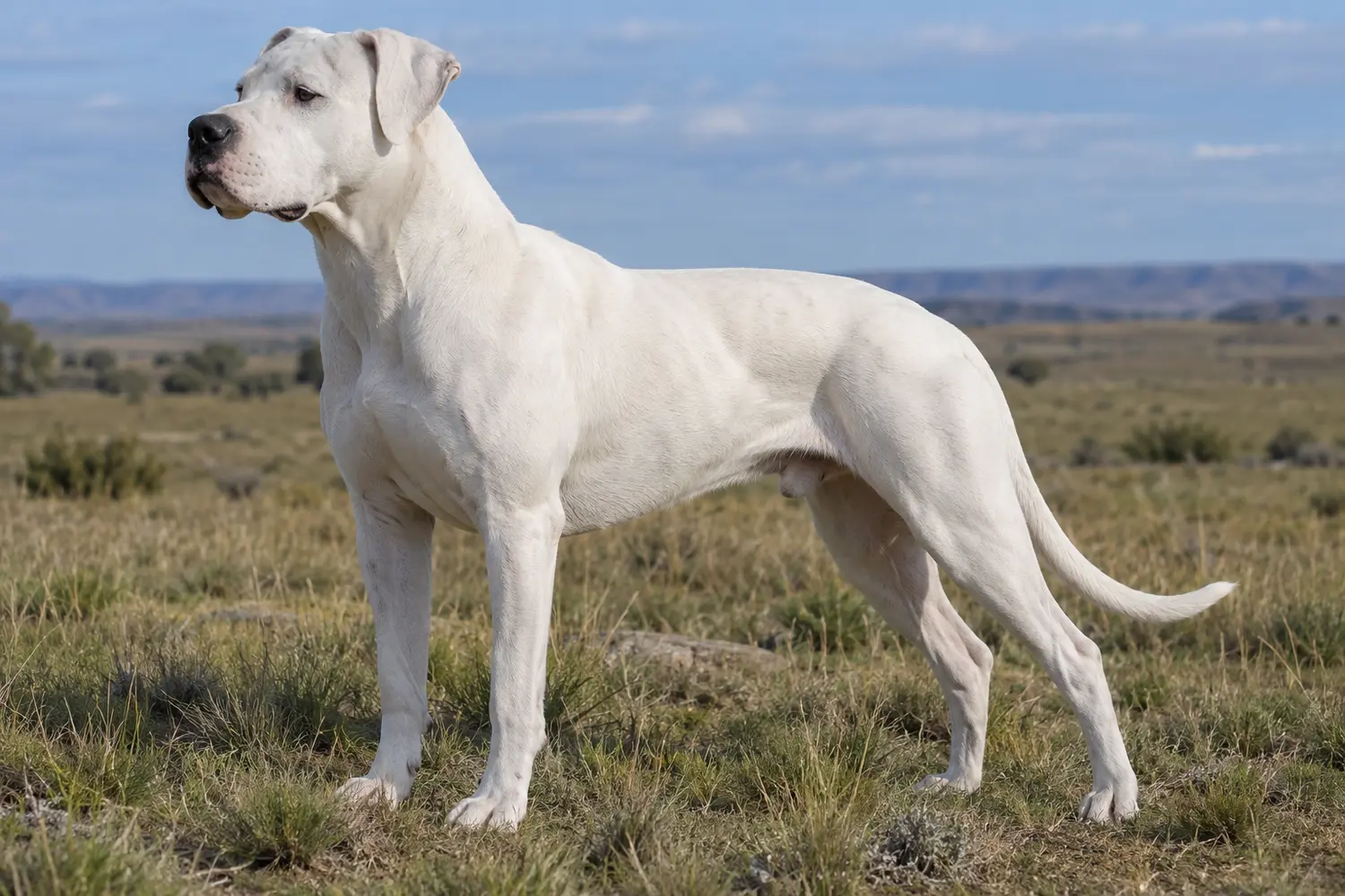 Adult white Dogo Argentino standing in side profile with natural ears