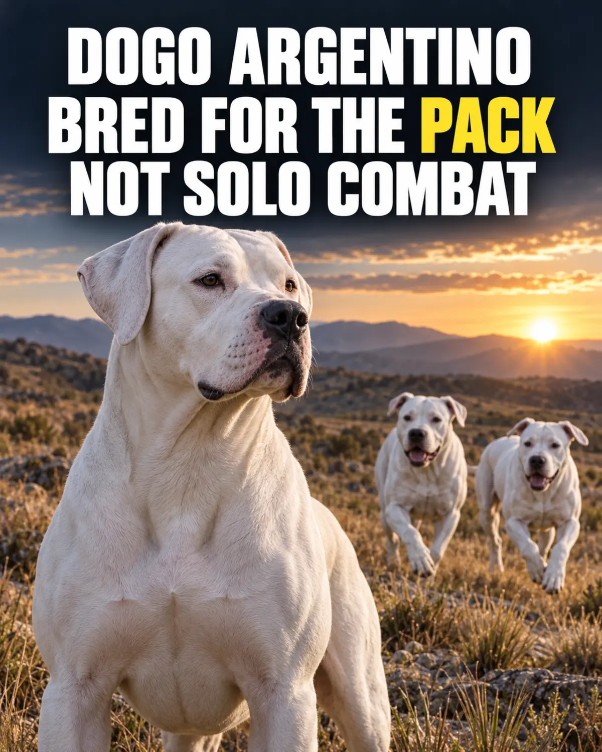 Three white Dogo Argentinos together in Argentine countryside