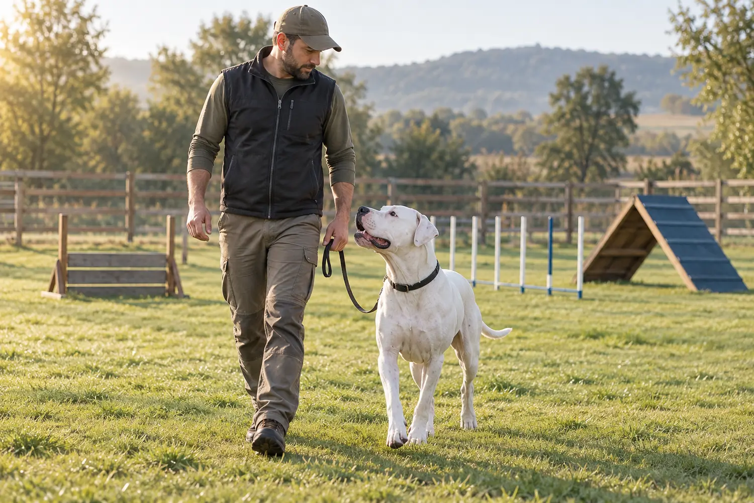 Dogo Argentino walking attentively beside a trainer on a loose leash