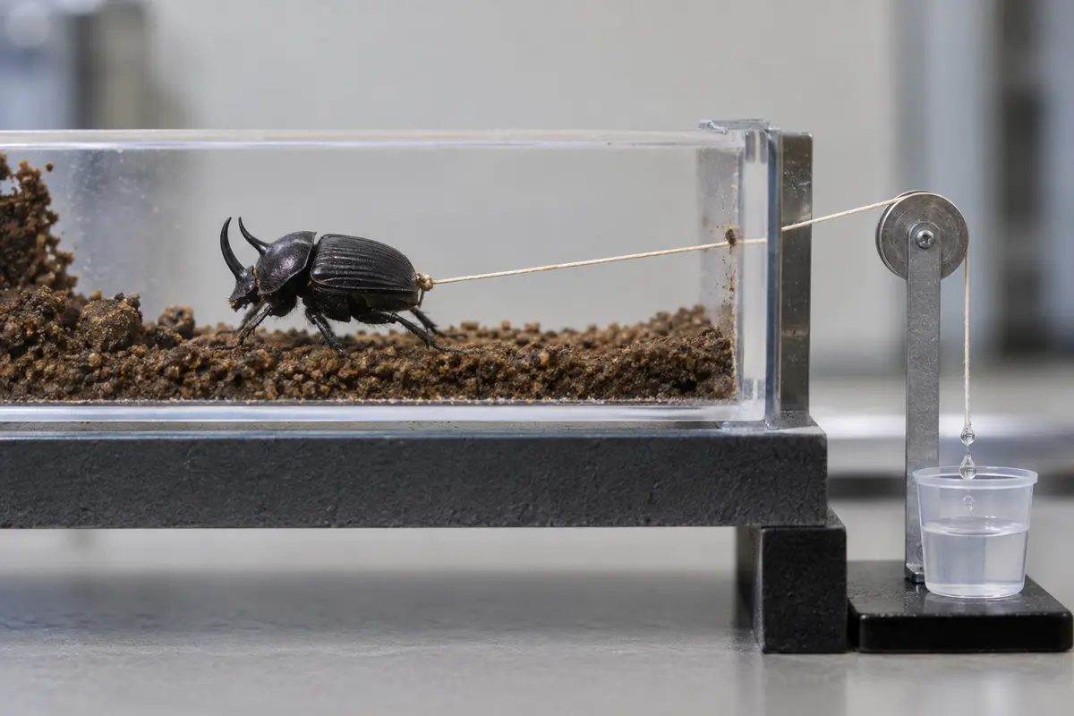 Reconstruction of a dung beetle pulling test with thread and pulley