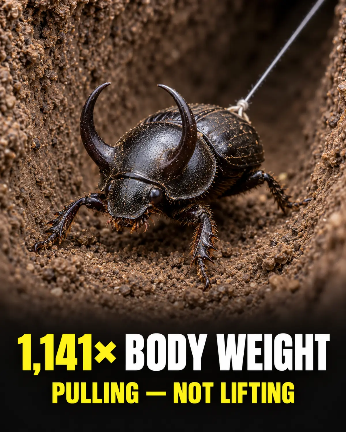 Horned dung beetle with the text 1,141 times body weight, pulling not lifting