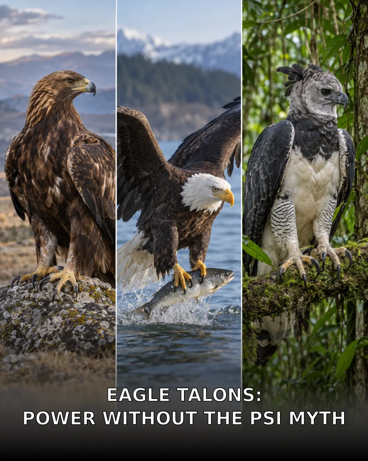 Golden eagle, bald eagle and harpy eagle showing different talon adaptations
