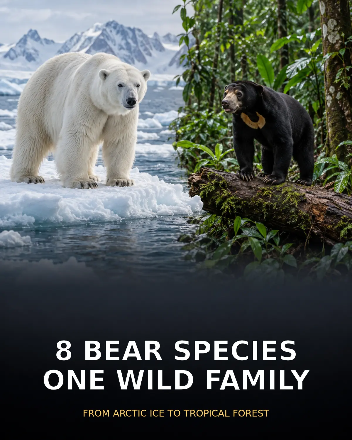 Polar bear on Arctic ice beside a sun bear in tropical forest