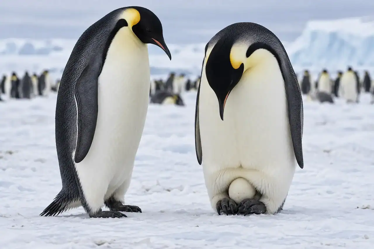 Male emperor penguin holding a single egg on his feet beneath his brood pouch beside the female.
