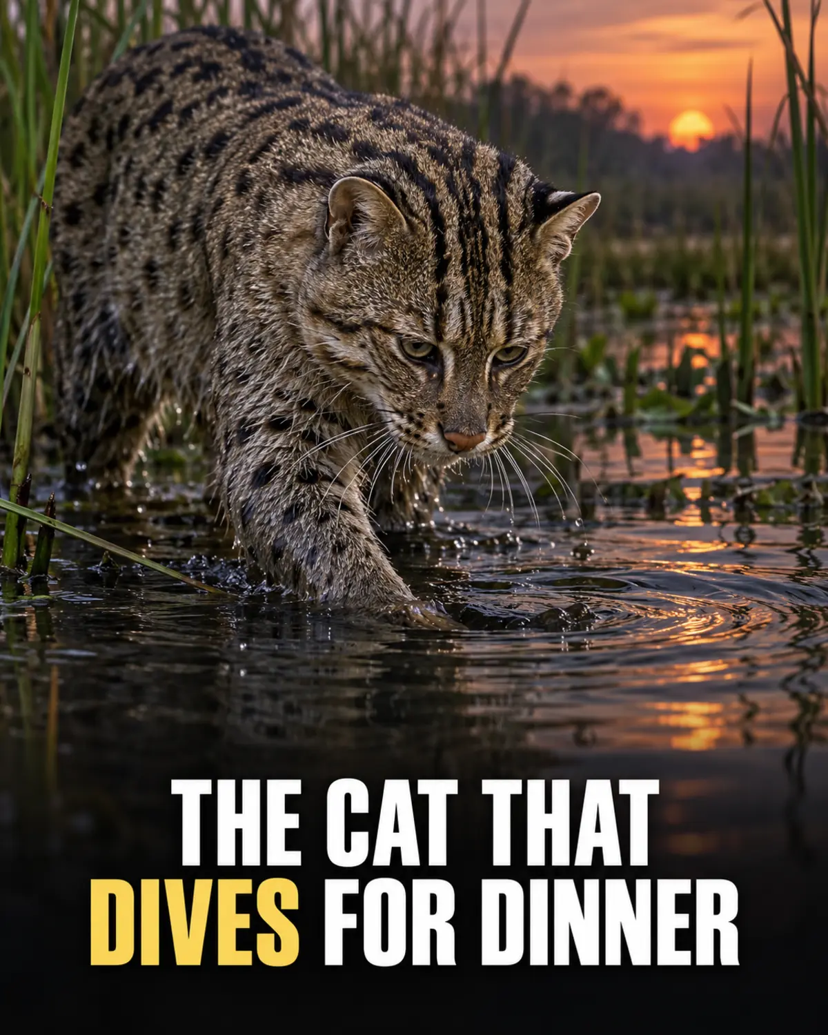 Fishing cat wading in a marsh with the headline The Cat That Dives for Dinner