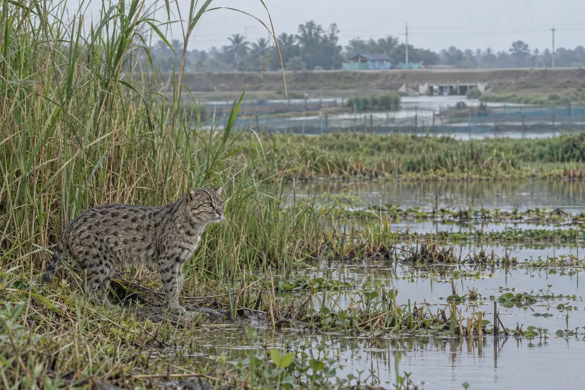 Fishing cat beside a wetland fragmented by roads and aquaculture