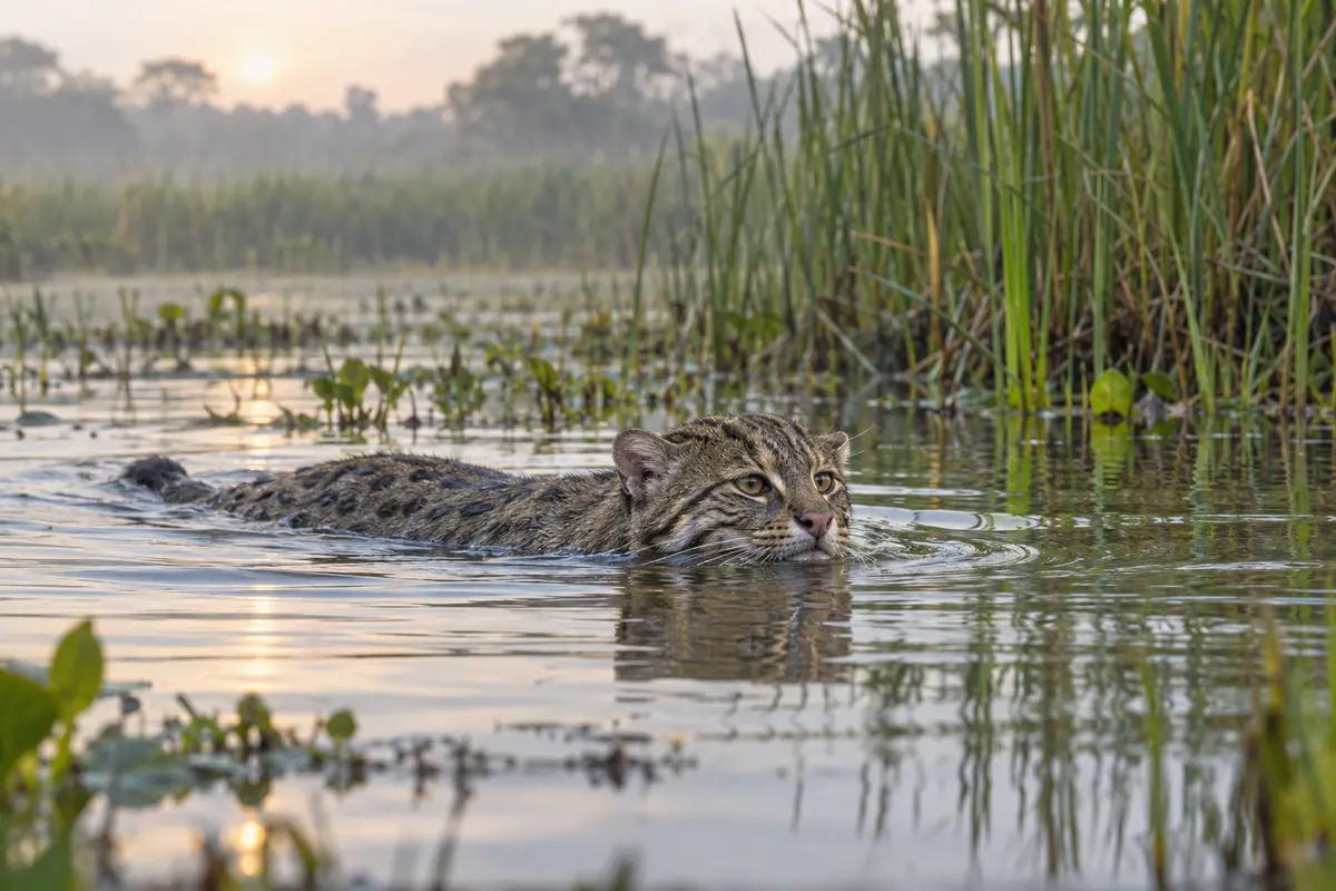 Fishing cat swimming through a reed-lined wetland