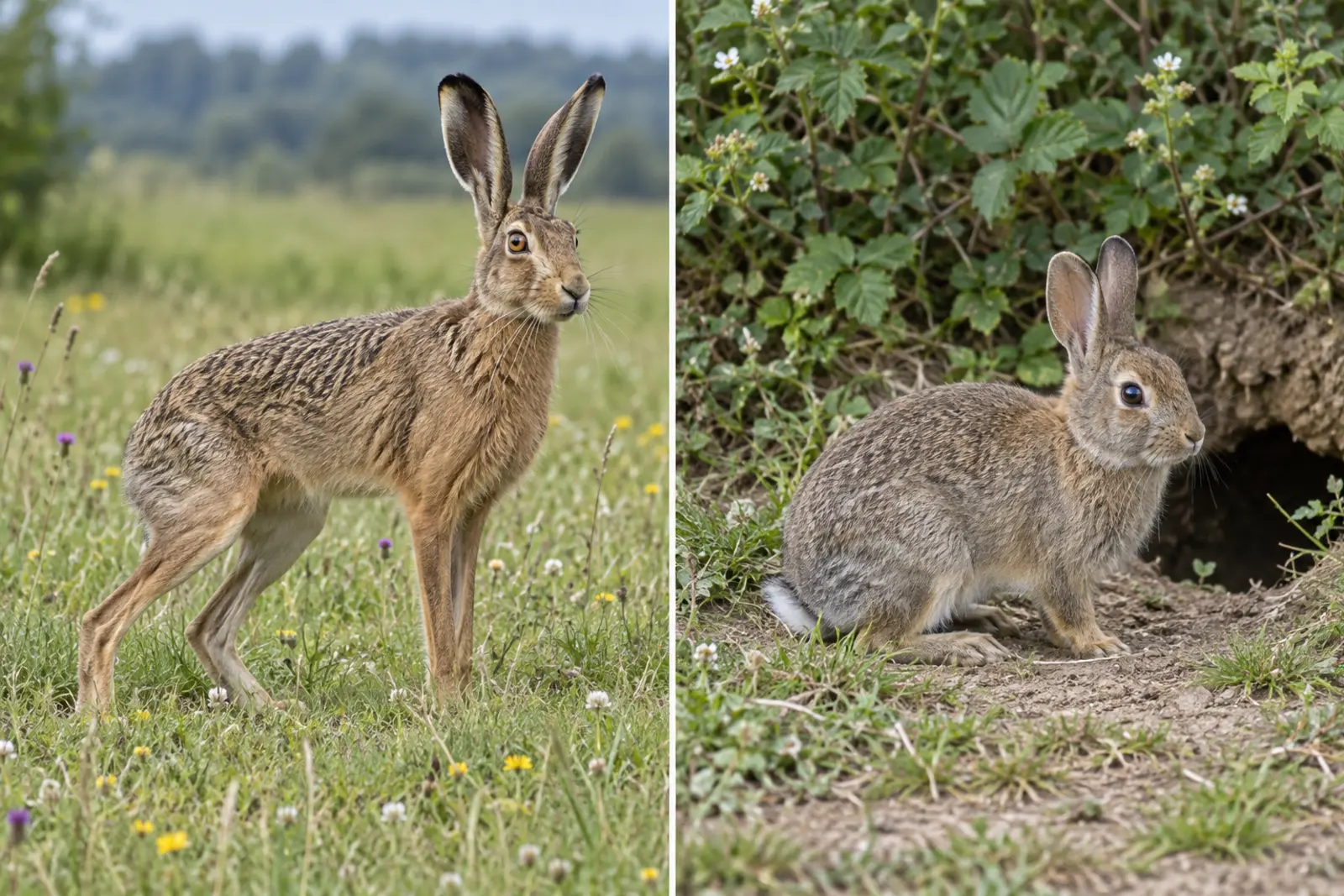 Long-legged brown hare beside a compact European rabbit near a burrow