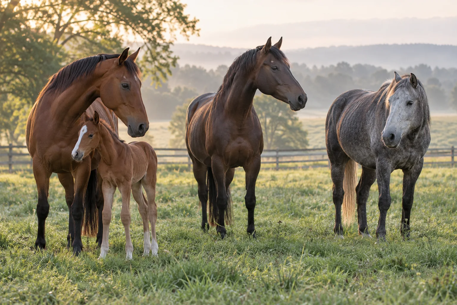 Foal with mare, mature adult horse and senior horse standing together in a pasture