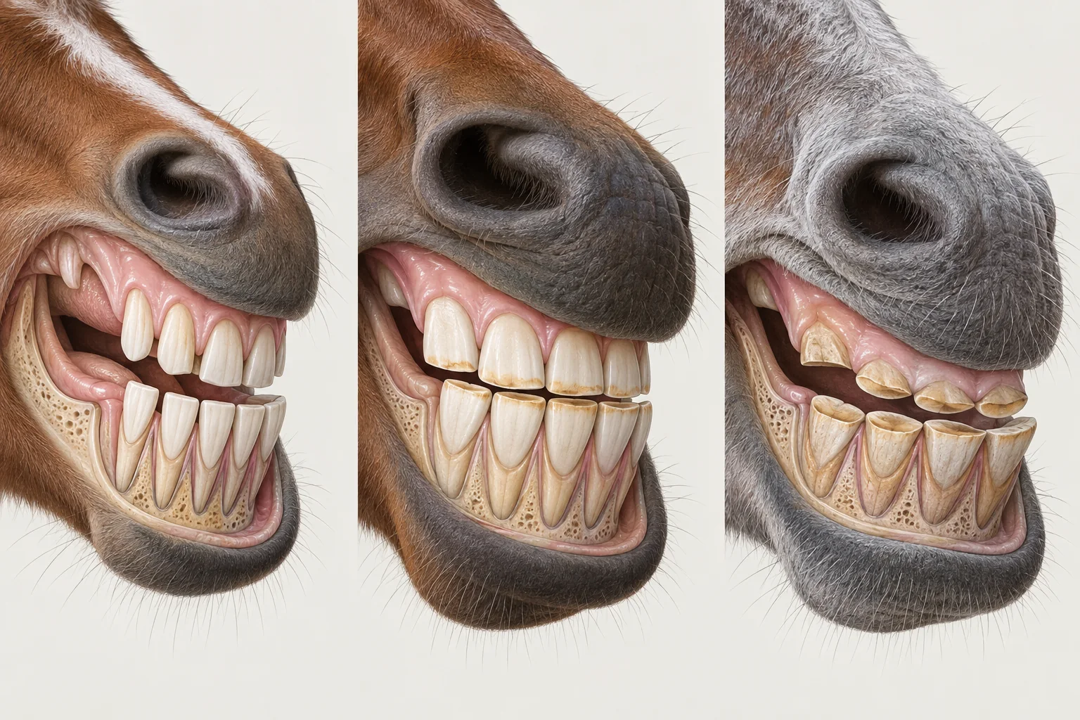 Three simplified views of horse incisors showing changes from youth through old age