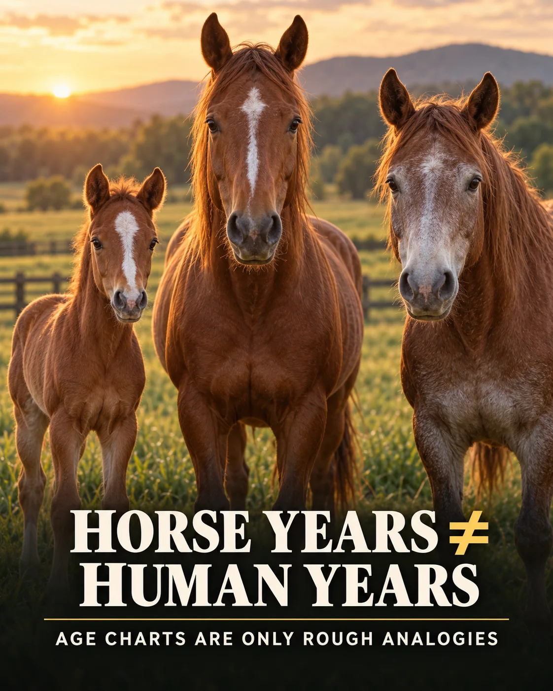 Foal, adult horse and gray-muzzled senior horse representing three equine life stages