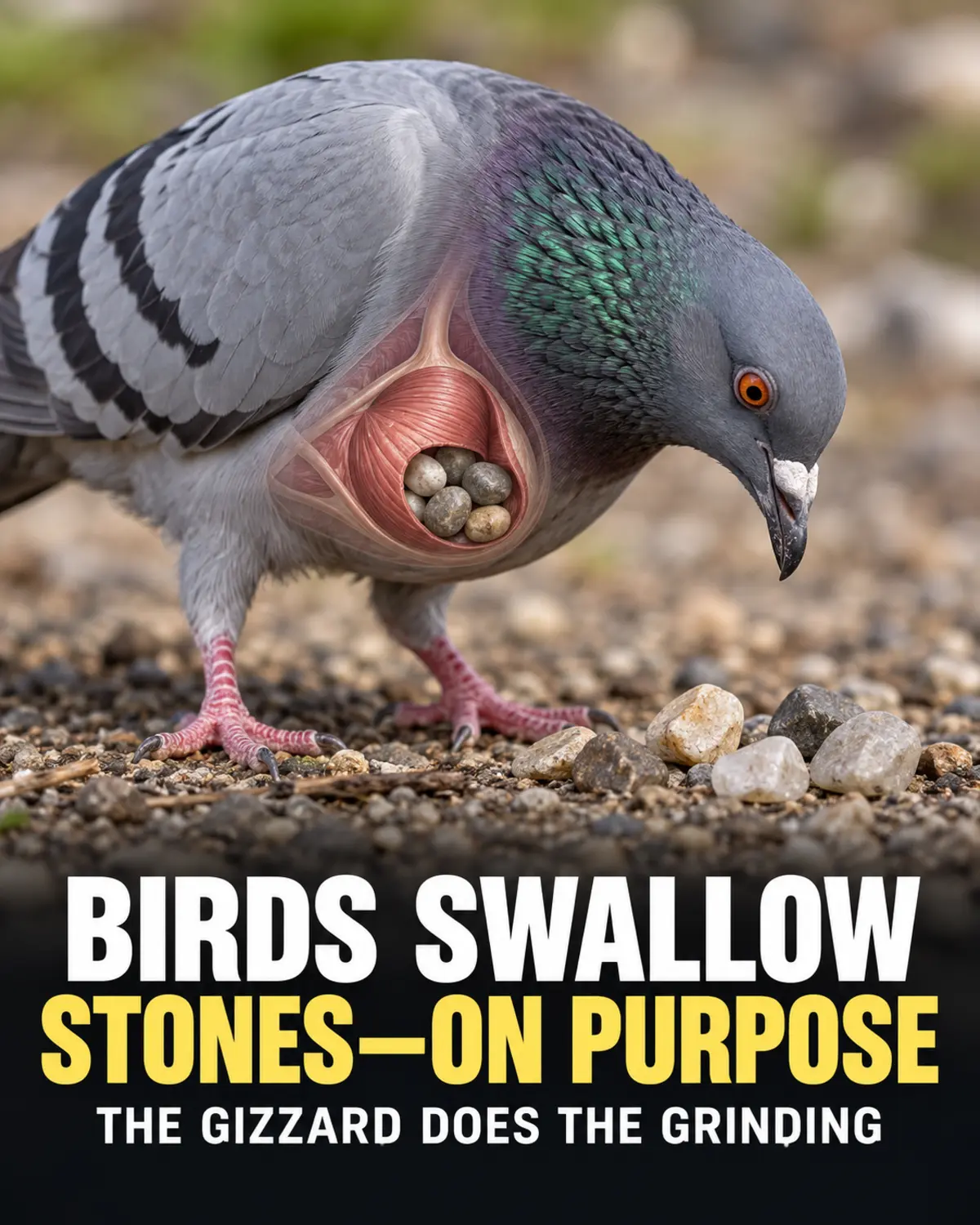 Pigeon beside small pebbles with an educational cutaway showing stones inside its muscular gizzard.