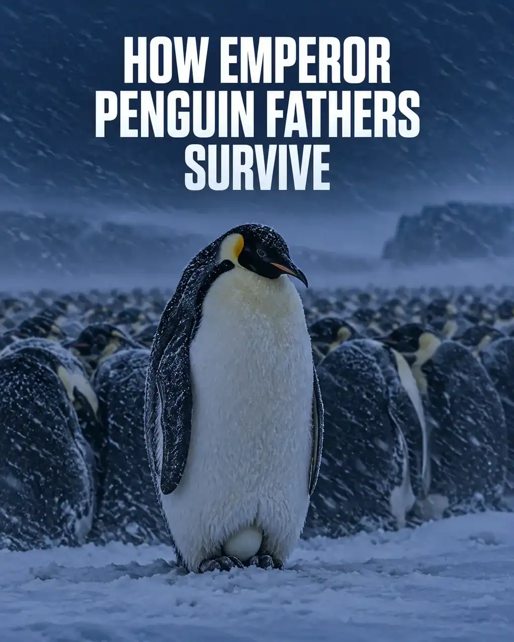 Male emperor penguin protecting an egg on his feet during a blizzard as the colony huddles behind him.