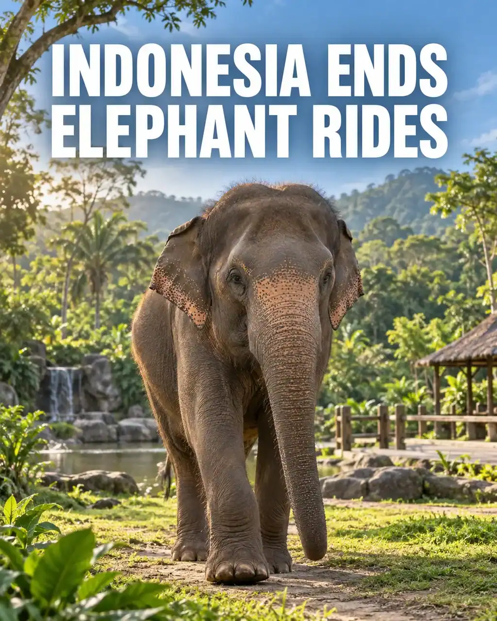 Sumatran elephant walking without a saddle in a green Indonesian conservation facility.