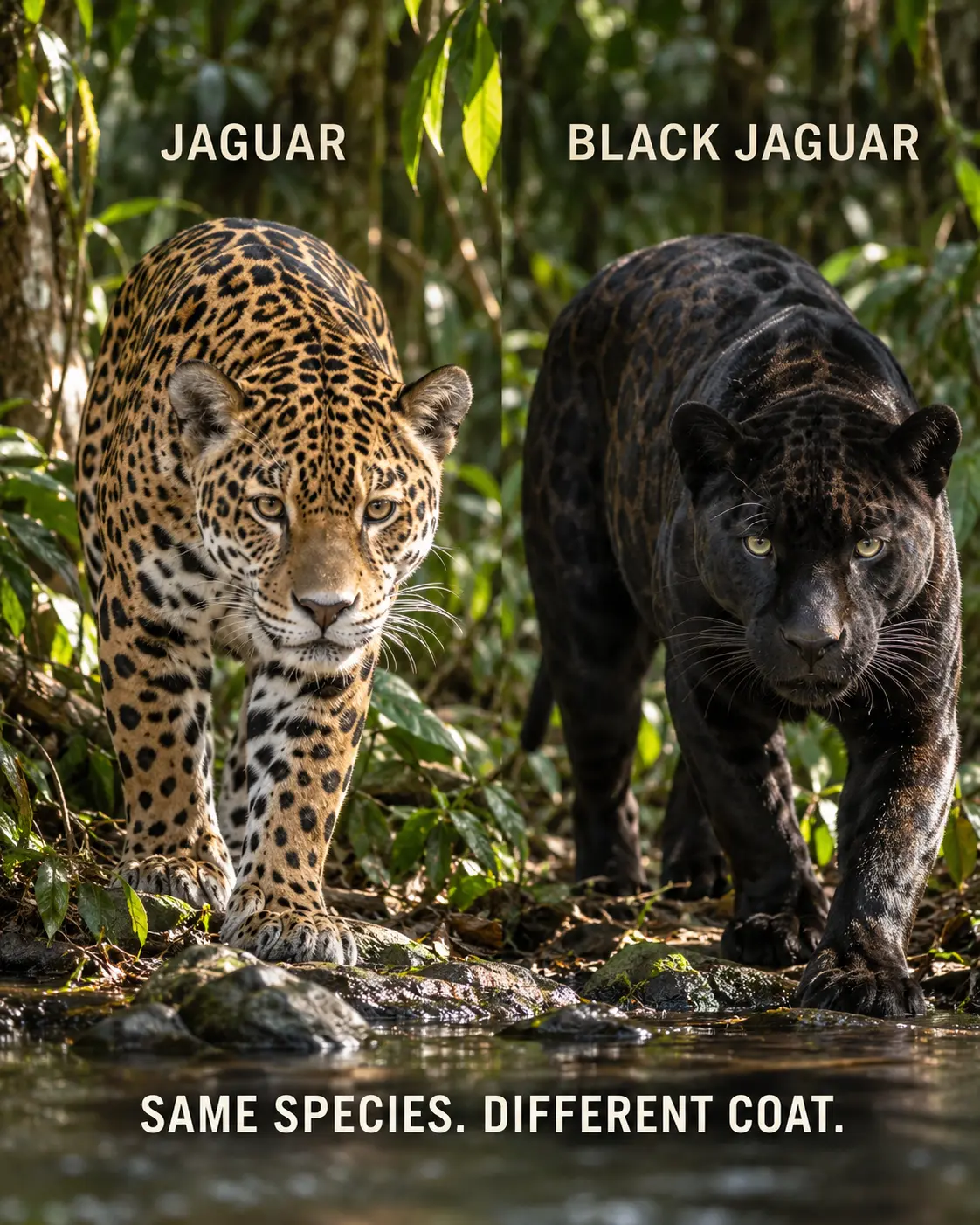 Jaguar and black jaguar side by side in rainforest
