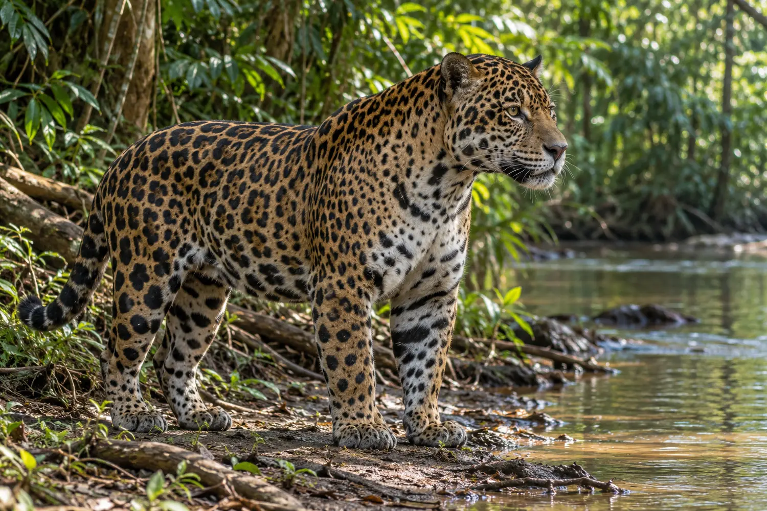 Adult jaguar standing beside a rainforest river
