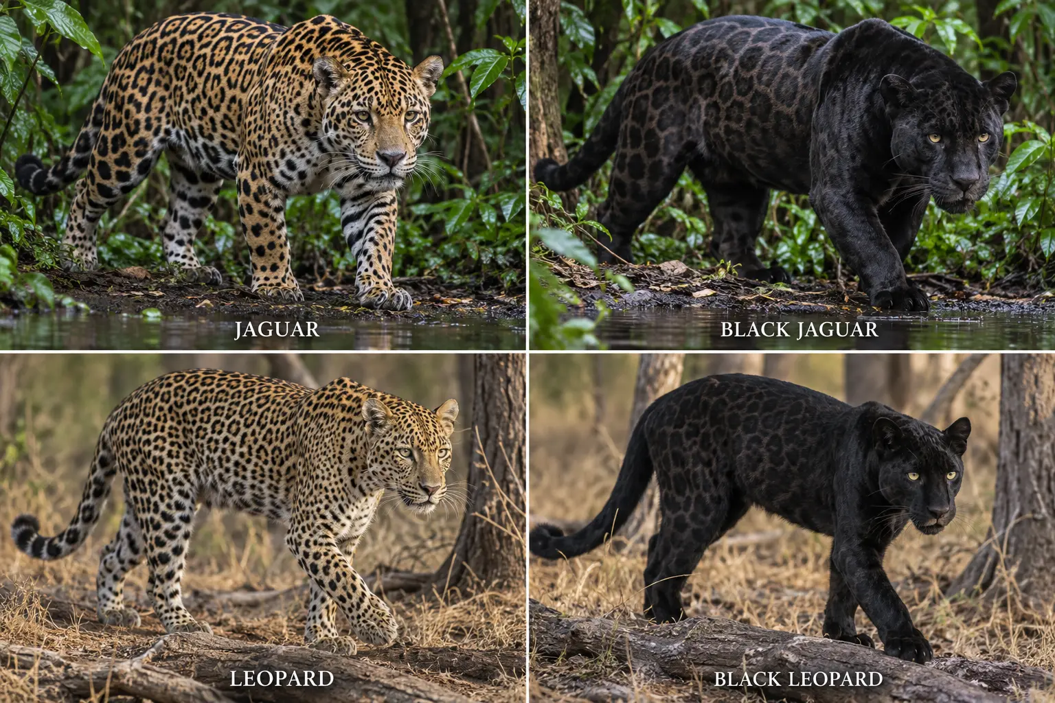 Jaguar, black jaguar, leopard and black leopard comparison