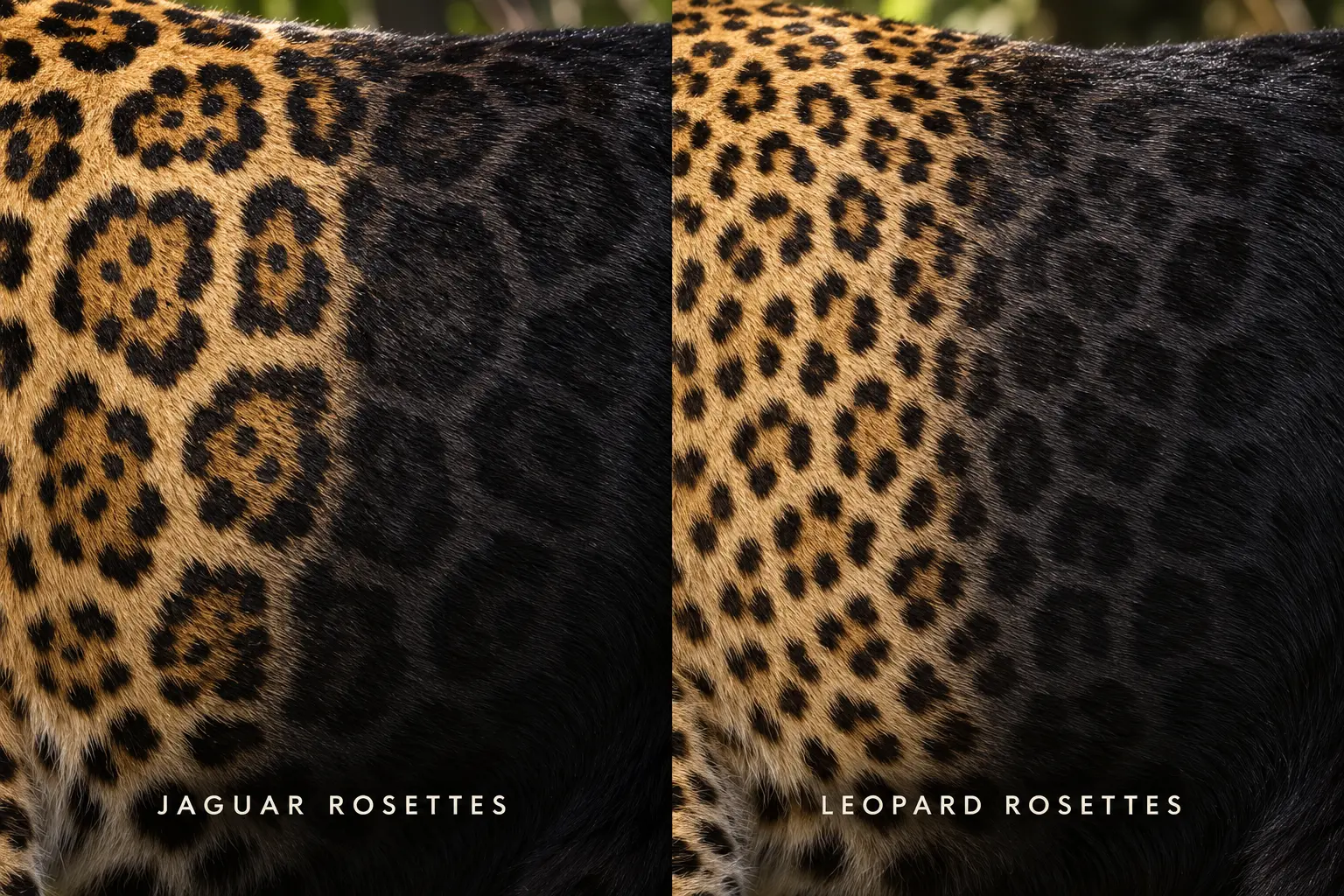 Jaguar and leopard rosette patterns transitioning into black coats