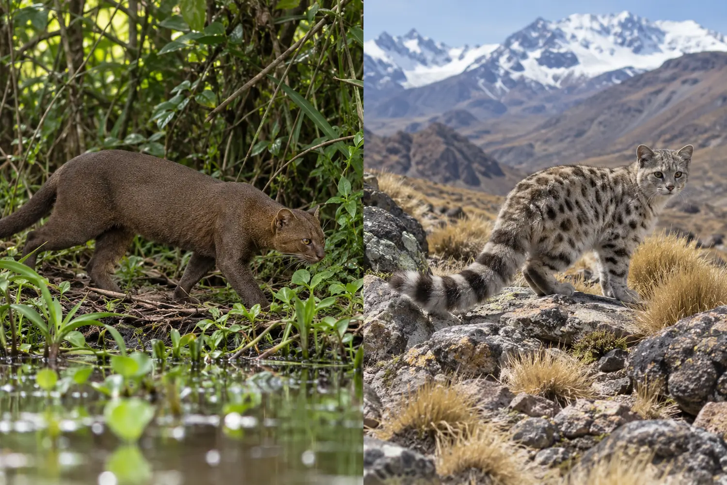 Jaguarundi in dense lowland vegetation beside an Andean cat on rocky high-altitude terrain