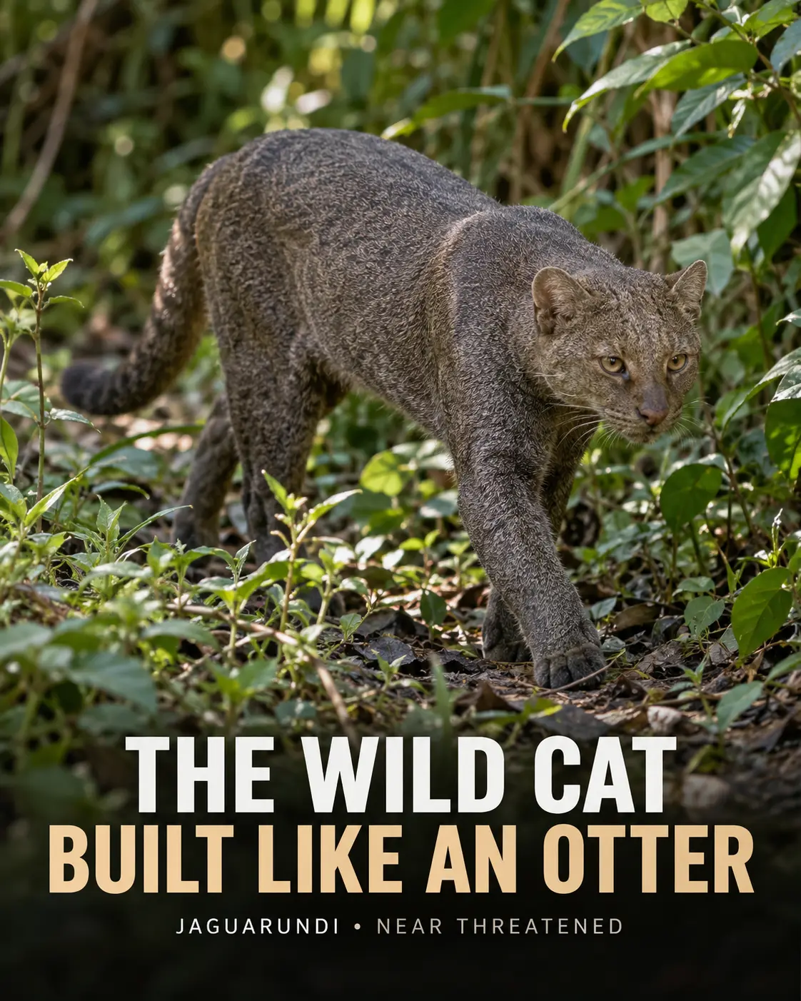 Jaguarundi walking through dense tropical vegetation