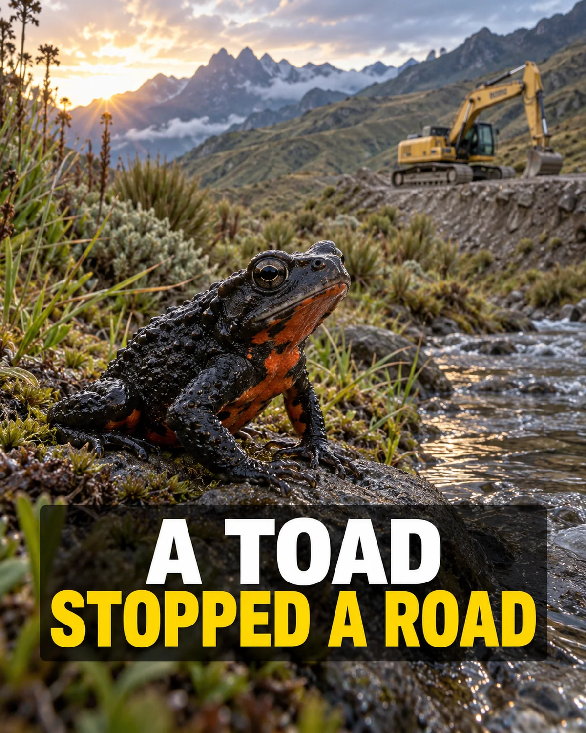 A Jambato harlequin toad beside a high-Andean stream with halted road machinery in the distance.