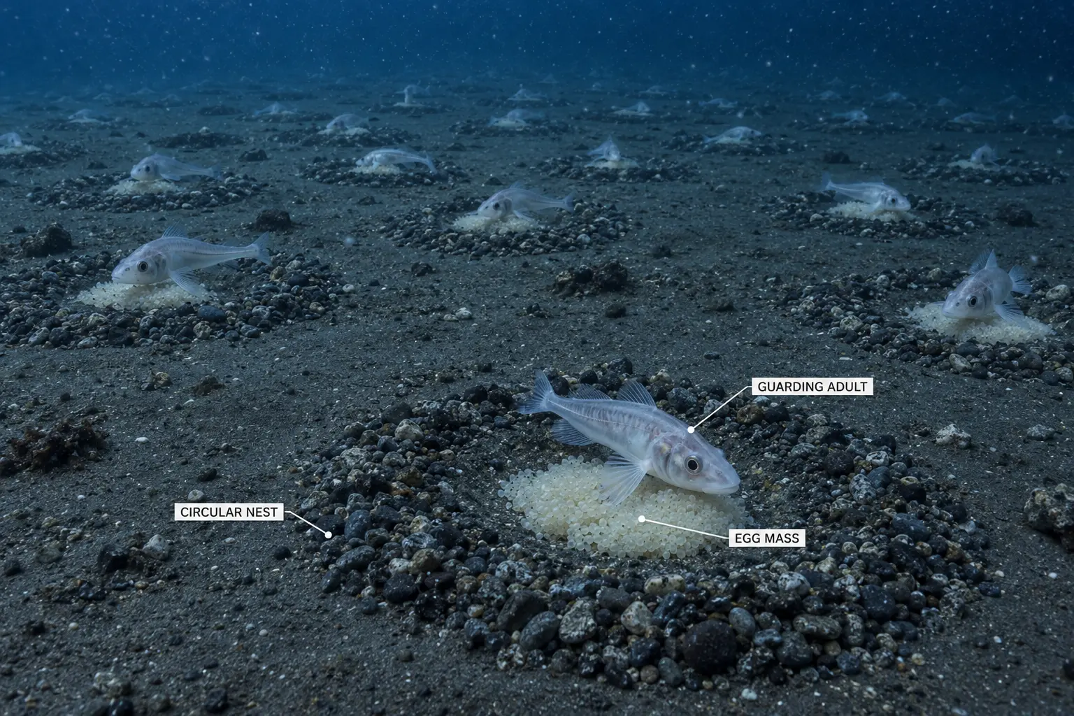 Jonah’s icefish guarding eggs inside a circular gravel-rimmed nest