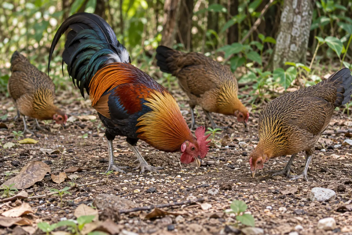 Adult junglefowl pecking at seeds and small stones on a forest floor.