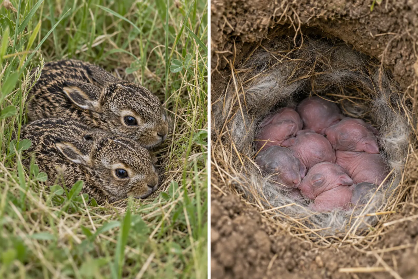 Furred open-eyed hare leverets beside blind nearly hairless rabbit kits in a nest