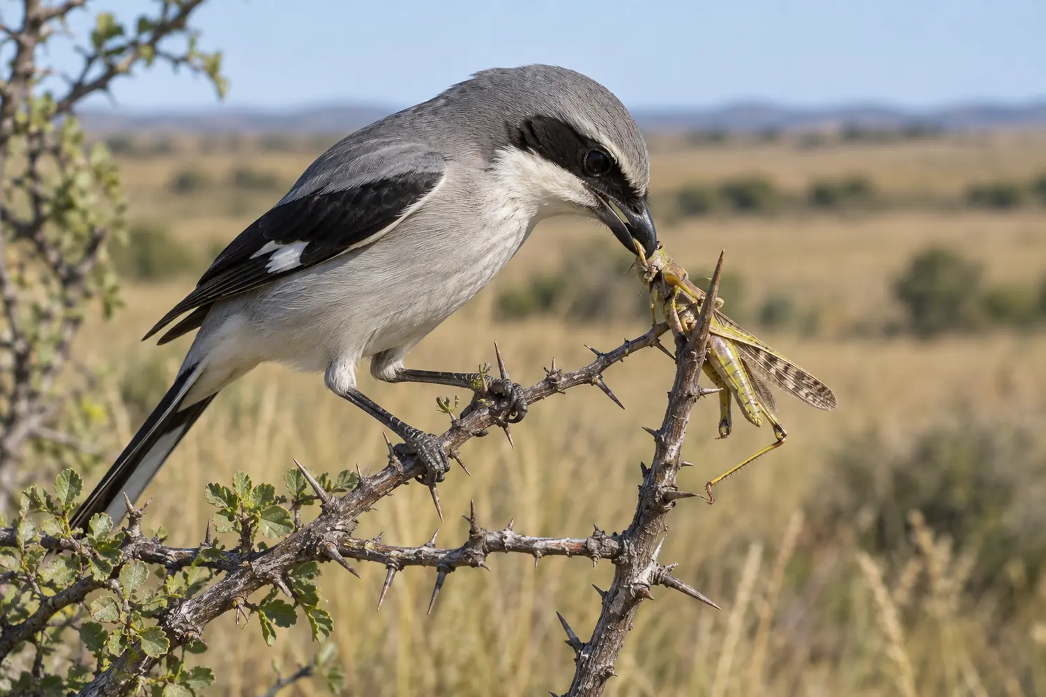 Loggerhead shrike using a thorn to anchor a grasshopper