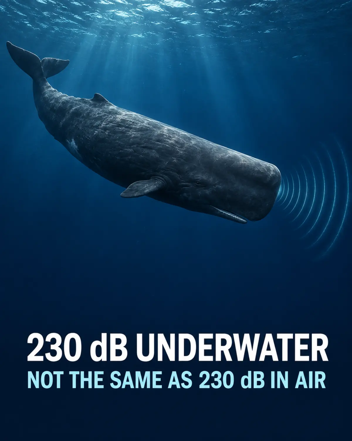 Sperm whale emitting echolocation clicks beside text explaining that underwater decibels differ from airborne decibels.