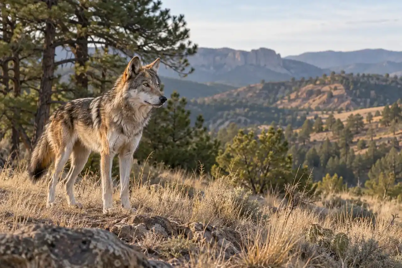 Mexican gray wolf standing in dry pine woodland in the American Southwest