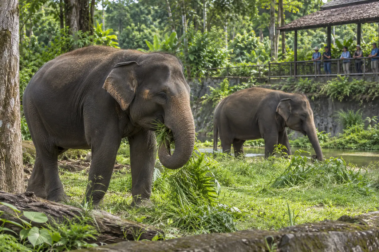 Two Sumatran elephants forage while visitors observe from a separate raised platform.
