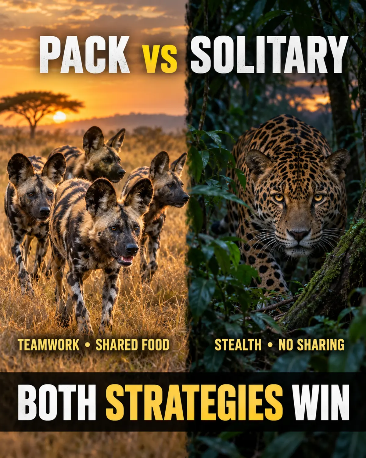 Pack of African wild dogs compared with a solitary jaguar